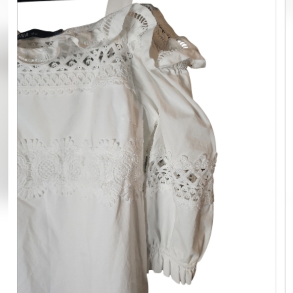 Ina Anthropologie Dress White Off Shoulder Embroidered Med Coastal Cottage Core - Picture 7 of 13